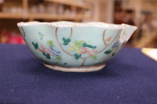 A Chinese celadon glazed dish, a Jun type tripod dish and a famille rose bowl and cover